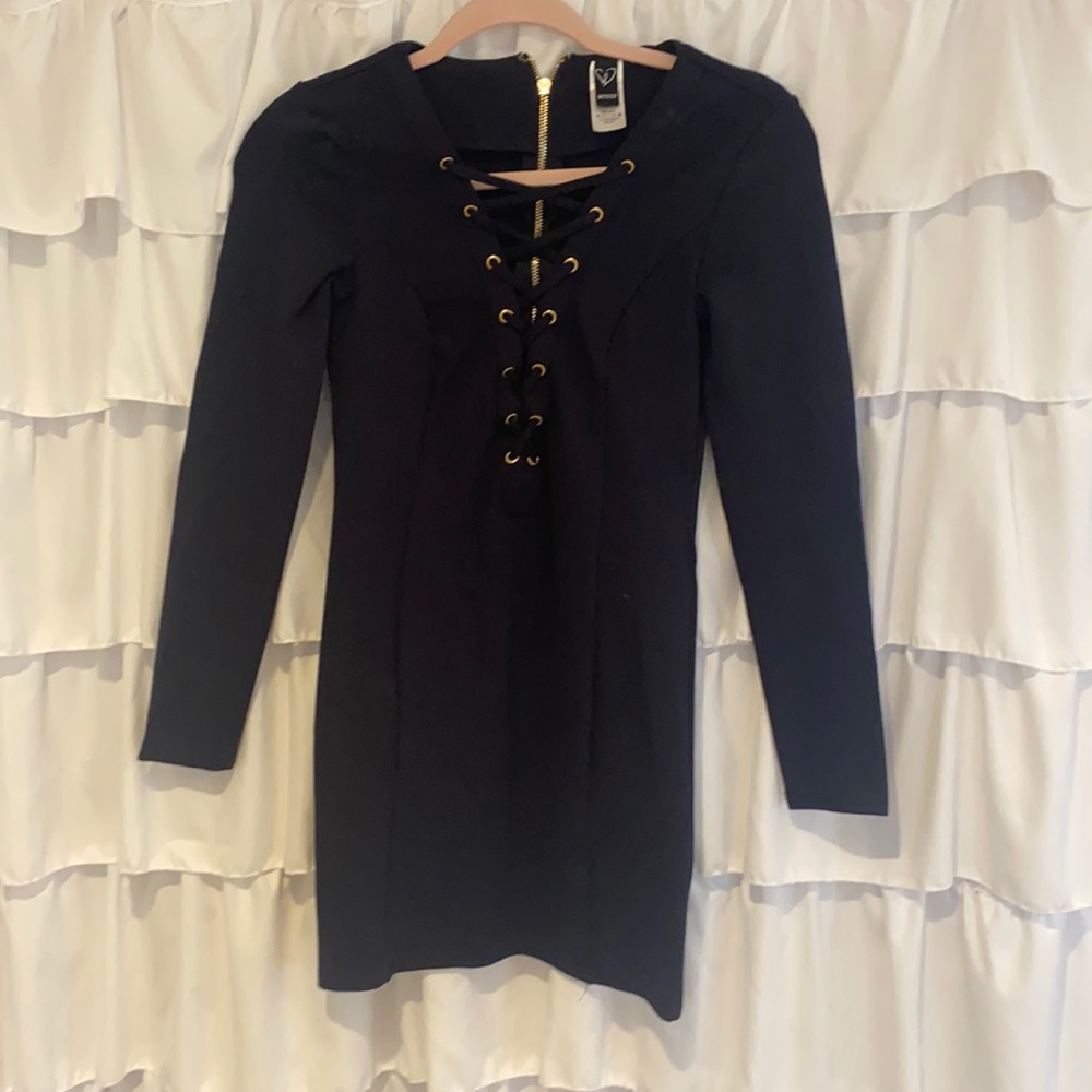 Navy blue long sleeve dress with cross cross front